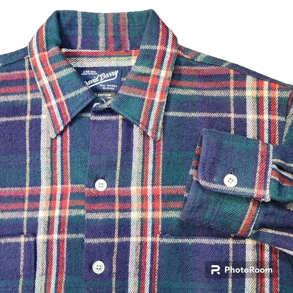 David Barry Flannel M Mens Long Sleeve Cotton Button Plaid Tail Model USA‎ VTG
